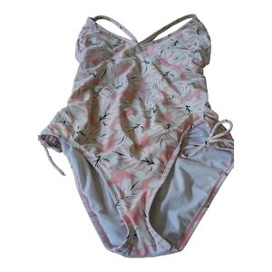 Kona Sol Pink&White Tropical Print Cross straps cinch sides 1 piece swimsuit Med